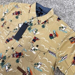 NWT Akoo Taupe All Over Print Nautical Hawaiian‎ S/S Button Up Shirt Size M